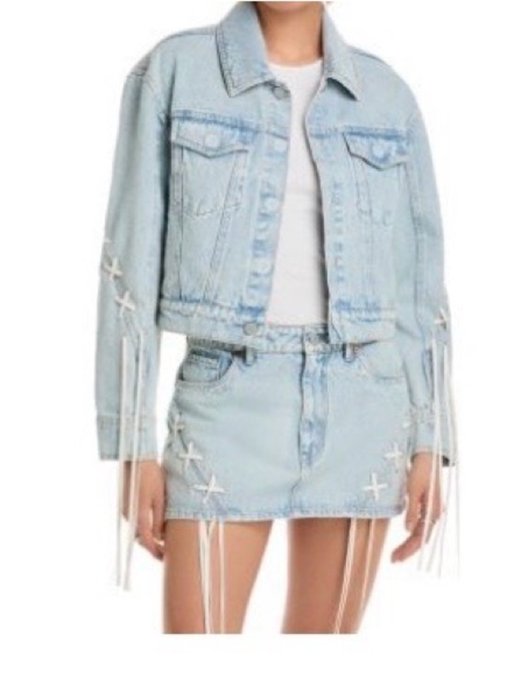 Blank NYC Light Wash Denim Jacket with Fringe and Mini Denim Skirt Set NWT
